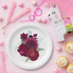 Assiettes En Carton Elegant Magenta Rose Floral Bouquet