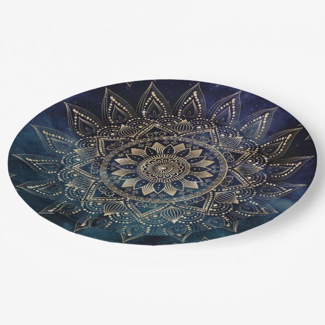 Assiettes En Carton Elégant Mandala Gold Blue Galaxy (Angle)