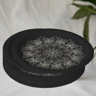 Assiettes En Carton Élégant Mandala Indian Boho Chic Mariage noir