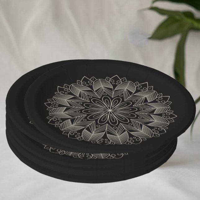 Assiettes En Carton Élégant Mandala Indian Boho Chic Mariage noir (Créateur téléchargé)