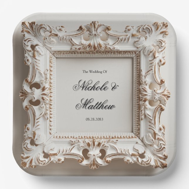 Assiettes En Carton Elégant Mariage baroque en Crème (Recto)