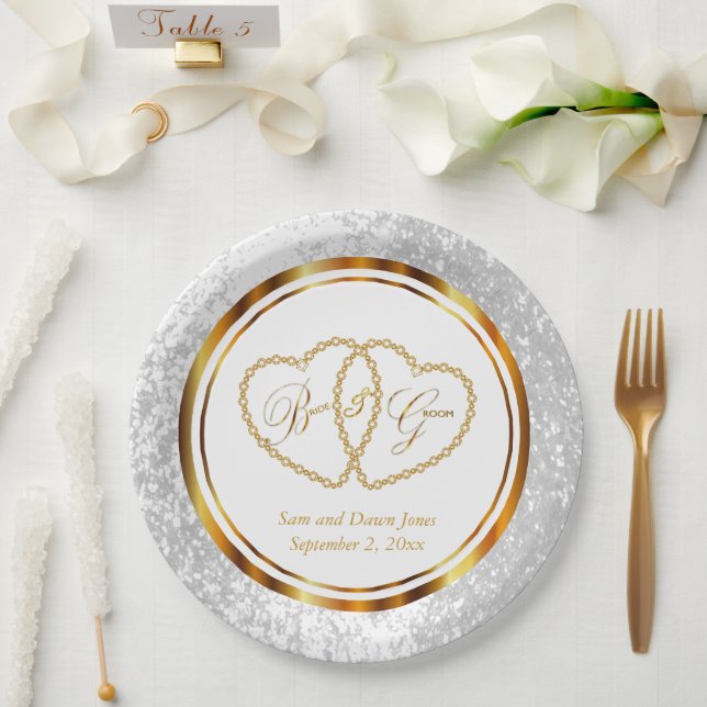 Assiettes En Carton Élégant Mariage blanc et or (Mariage)