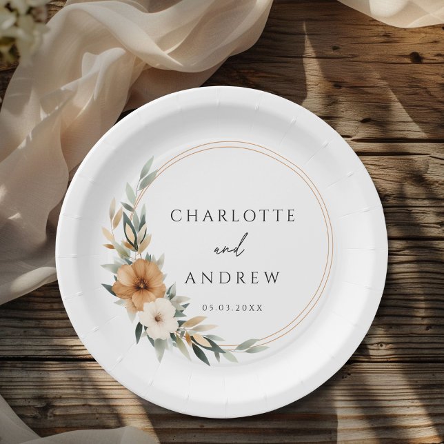 Assiettes En Carton Élégant  Mariage Botanique Terreux Cuivreux (Elegant Monogram Copper Earthy Botanical Wedding Paper Plates)