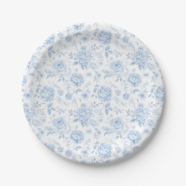 Assiettes En Carton Élégant Mariage classique Floral Porcelaine Bleue (Devant)
