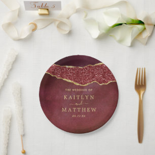 Assiettes En Carton Élégant Mariage d'âge de Bourgogne et d'or