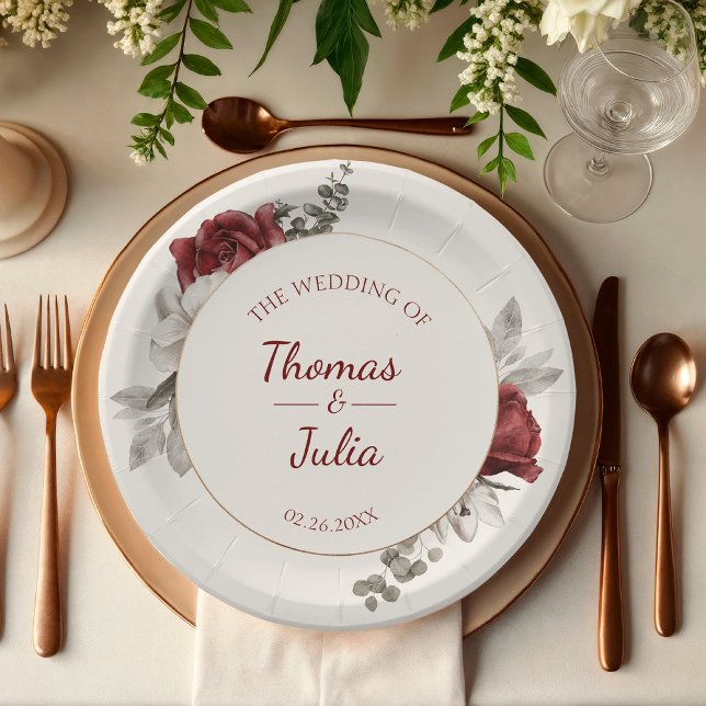Assiettes En Carton Elégant Mariage d'aquarelle bordeaux et argent (Elegant Burgundy & Silver Watercolor Wedding Paper Plates)