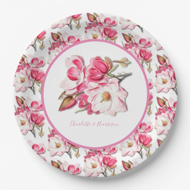 Assiettes En Carton Elégant Mariage d'aquarelle rose florale Magnolia (Devant)