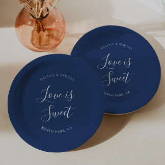 Assiettes En Carton Élégant Mariage de calligraphie minimaliste bleu