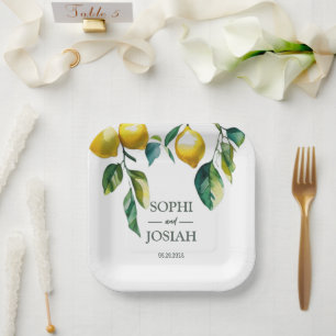 Assiettes En Carton Élégant mariage de citron jaune fleuri