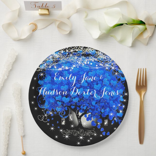 Assiettes En Carton Élégant Mariage de feuille de coeur bleu (Mariage)