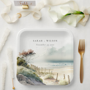 Assiettes En Carton Elégant Mariage de la plage de sable de la côte de