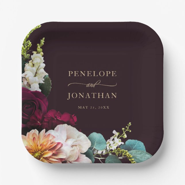 Assiettes En Carton Élégant Mariage de Monogramme Floral Bourgogne or (Recto)