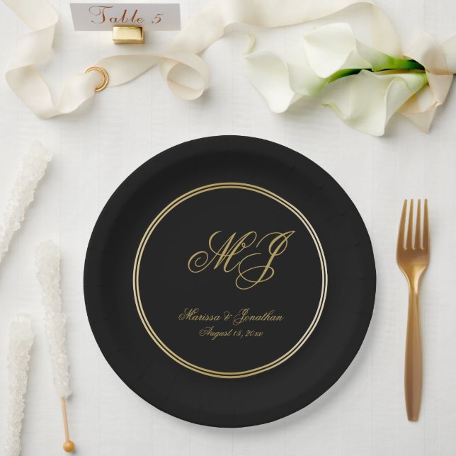 Assiettes En Carton Élégant Mariage de script de monogramme d'or noir (Mariage)