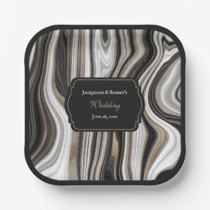 Assiettes En Carton Élégant Mariage en marbre noir et or