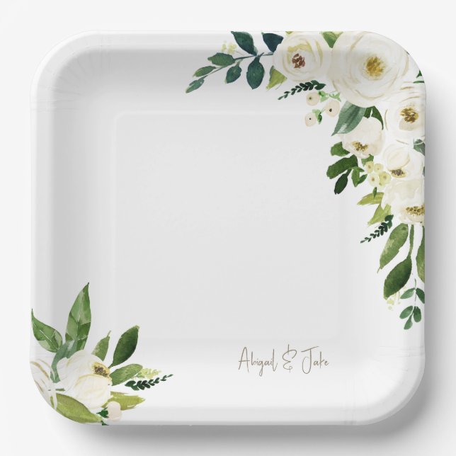 Assiettes En Carton Élégant Mariage floral blanc personnalisé (Recto)