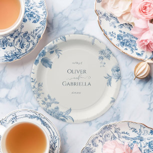 Assiettes En Carton Élégant Mariage Floral bleu toile française