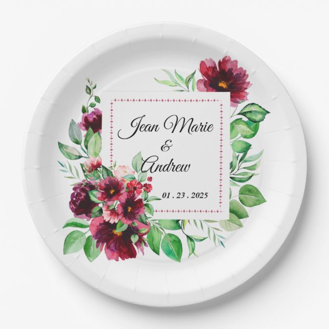 Assiettes En Carton Élégant Mariage floral de Bourgogne rouge (Devant)
