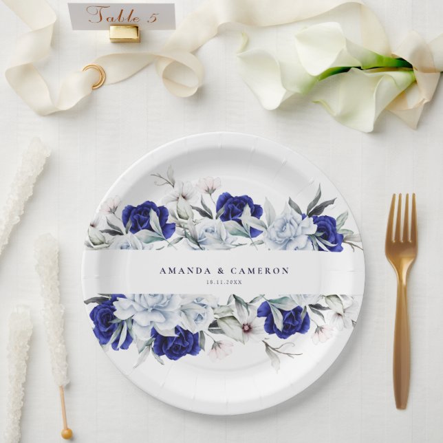 Assiettes En Carton Elégant Mariage floral Dusty Blue Navy (Mariage)