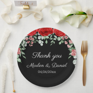 Assiettes En Carton Élégant Mariage Floral Noir Et Rouge
