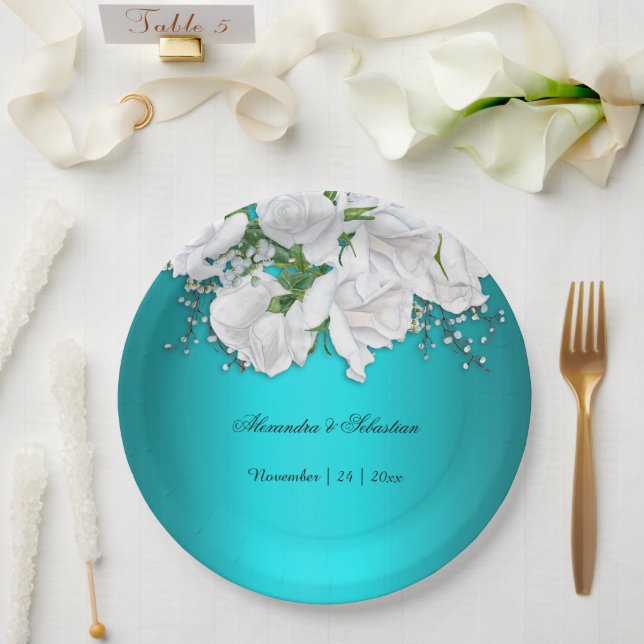 Assiettes En Carton Élégant Mariage floral turquoise (Mariage)