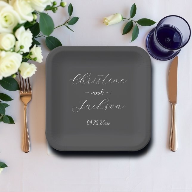Assiettes En Carton Élégant mariage gris foncé Script (Créateur téléchargé)