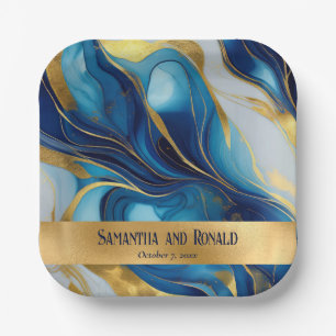 Assiettes En Carton Elégant Mariage marbré Faux Gold, Bleu et Blanc