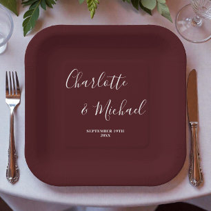 Assiettes En Carton Élégant mariage minimaliste écriture bordeaux fonc