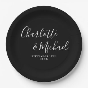 Assiettes En Carton Élégant mariage noir et blanc de signature de scri