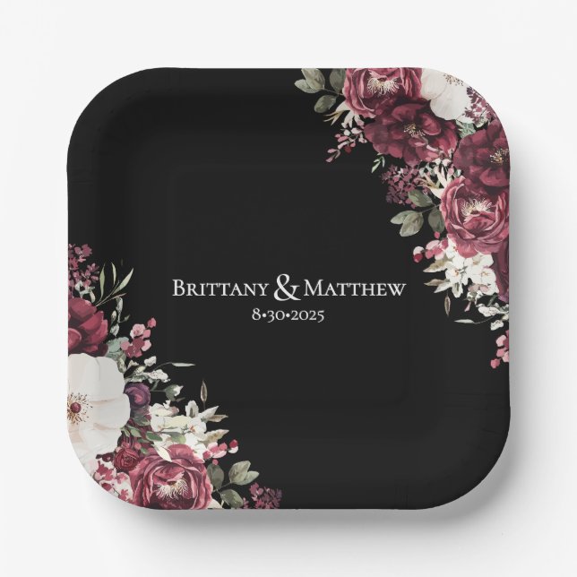 Assiettes En Carton Élégant Mariage noir floral bordeaux (Recto)