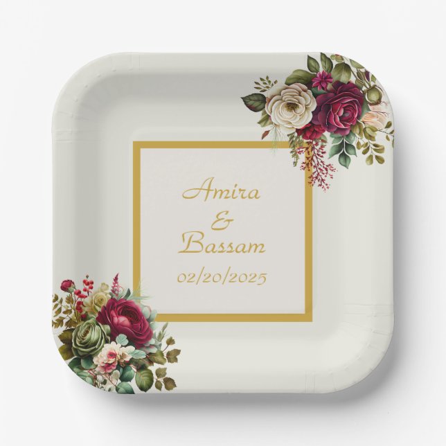 Assiettes En Carton Élégant Mariage Rose Floral (Recto)