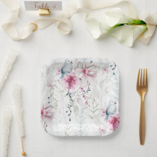 Assiettes En Carton Élégant Mariage rose gris floral blanc colombe
