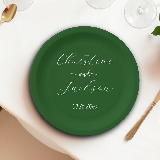 Assiettes En Carton Élégant mariage vert mousse script (Créateur téléchargé)