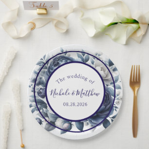 Assiettes En Carton Elégant Marine Blue Peonies & White Roses Mariage