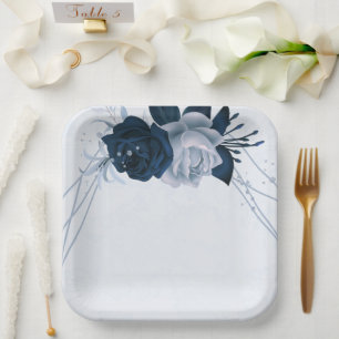 Assiettes En Carton élégant marine et fleurs bleues poussiéreuses bota
