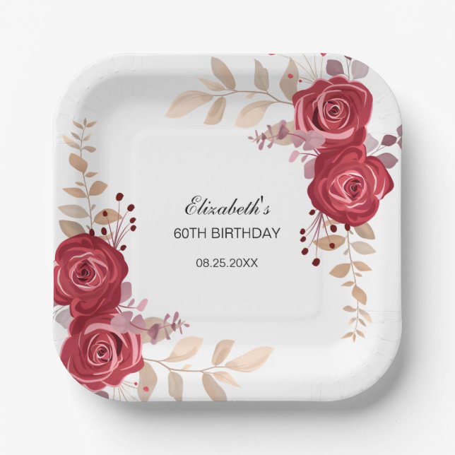 Assiettes En Carton Elégant Maroon Rose Floral Verdure Anniversaire (Recto)