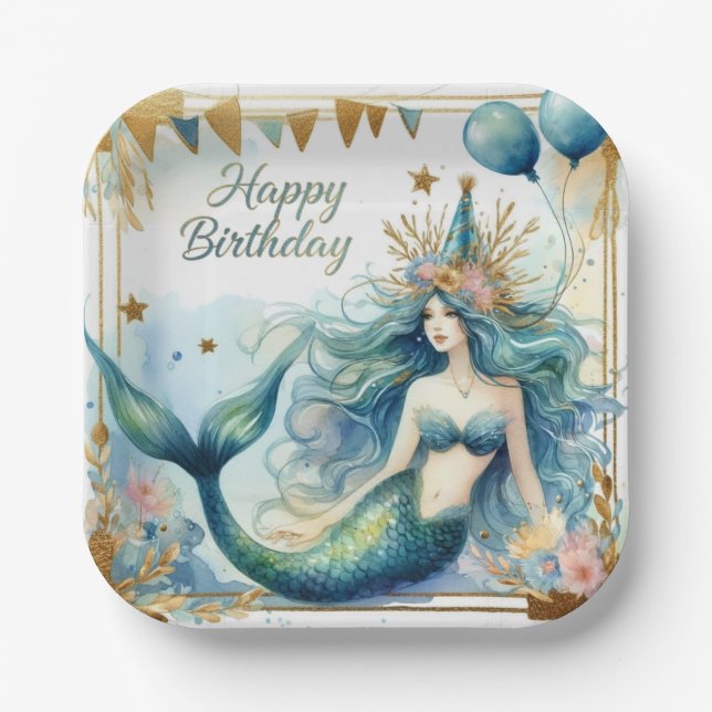 Assiettes En Carton Elegant Mermaid Birthday Blue Gold Floral (Recto)