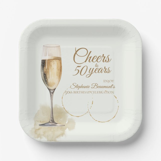 Assiettes En Carton Elegant Modern Champagne Cheers 50th Birthday (Recto)
