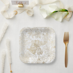 Assiettes En Carton Elégant moderne blanc gris or marbre floral