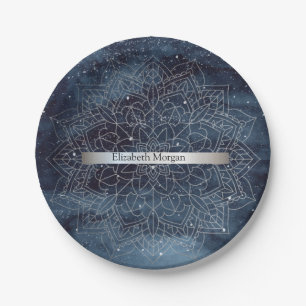 Assiettes En Carton Élégant Moderne Mandala Rayé Bleu Marine Argent