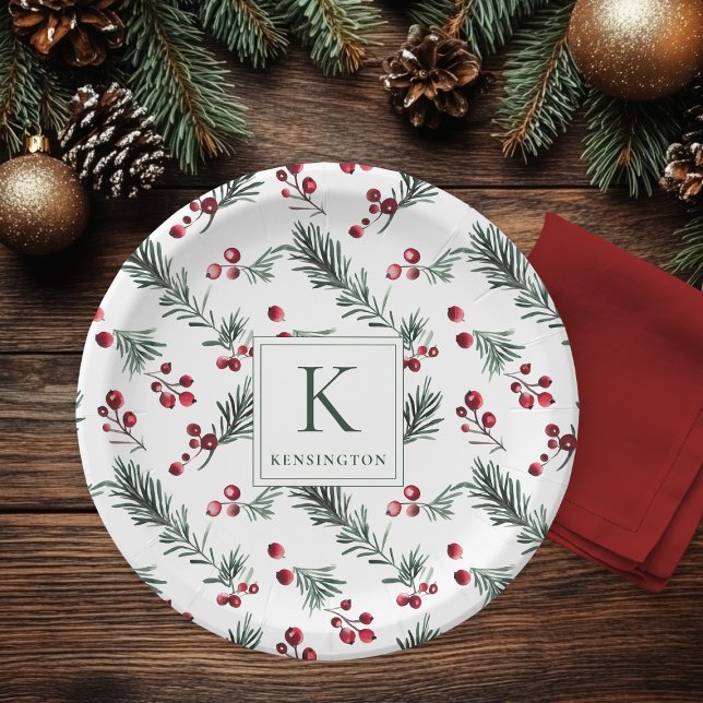 Assiettes En Carton Élégant monogramme botanique de Noël (Elegant Christmas Botanical Monogram Paper Plates)