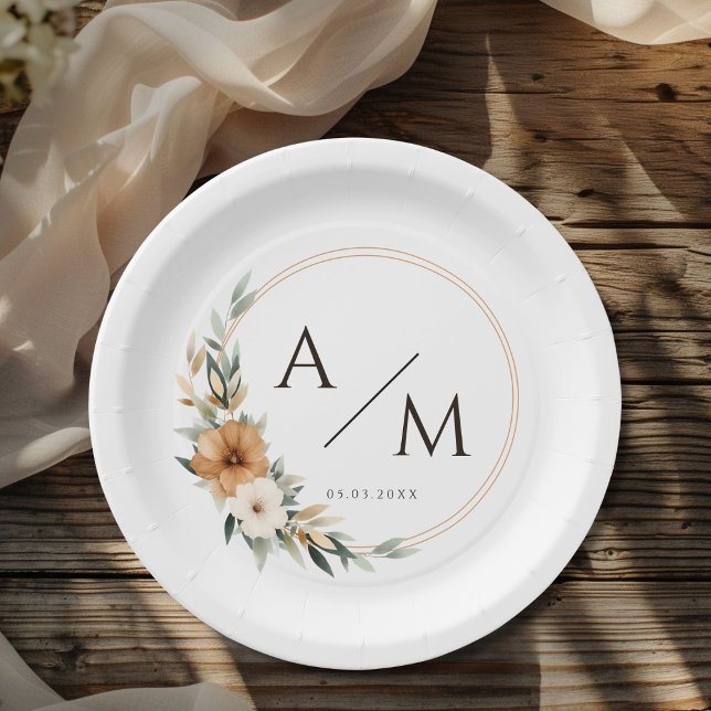 Assiettes En Carton Élégant Monogramme Cuivre Botanique Terreuse Maria (Elegant Monogram Copper Earthy Botanical Wedding Paper Plates)