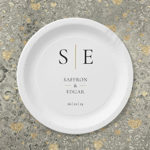 Assiettes En Carton Élégant Monogramme Mariage noir et or