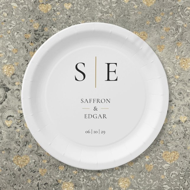 Assiettes En Carton Élégant Monogramme Mariage noir et or (Elegant Monogram Black And Gold Wedding Paper Plates)