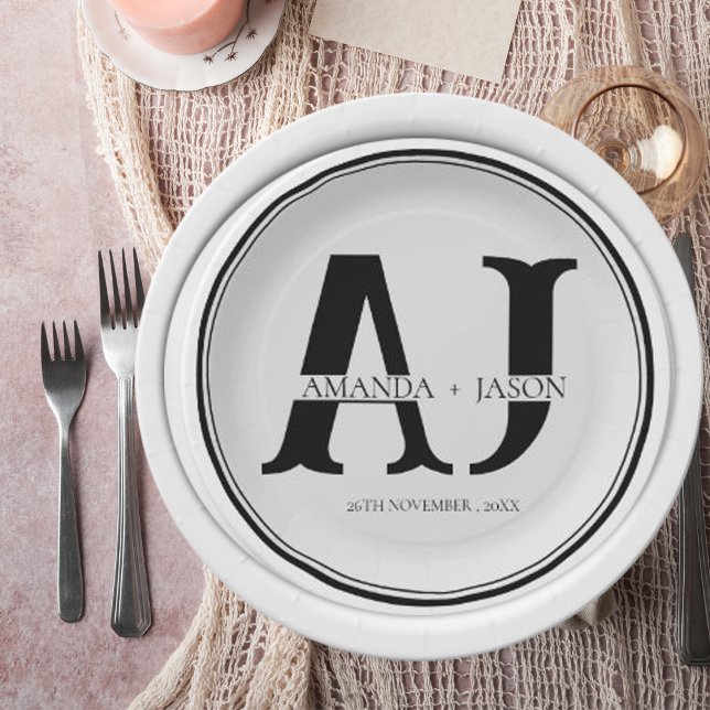 Assiettes En Carton Élégant Monogramme Mariée Groom Noms Mariage (Elegant Monogram Bride Groom Names Wedding Party Paper Plates)