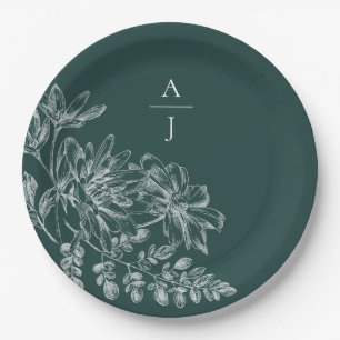 Assiettes En Carton Élégant Monogramme vert émeraude Floral