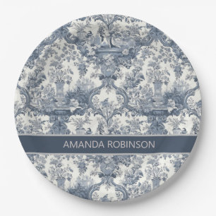 Assiettes En Carton Élégant monogramme vintage Blue toile de jouy