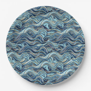 Assiettes En Carton Élégant Motif à vague bleue avec accents or