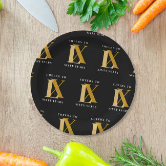 Assiettes En Carton Élégant Motif d'anniversaire noir et or