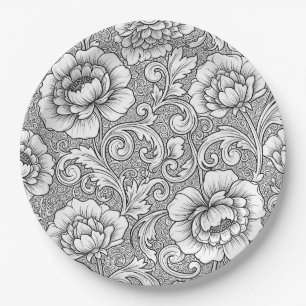 Assiettes En Carton Élégant motif d'art en ligne florale noir et blanc