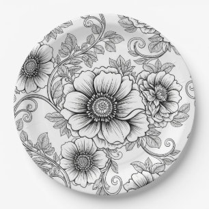 Assiettes En Carton Élégant motif d'art en ligne florale noir et blanc